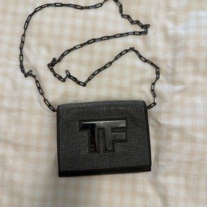 TOM FORD TF logo grey and silver suede bag with crossbody chain